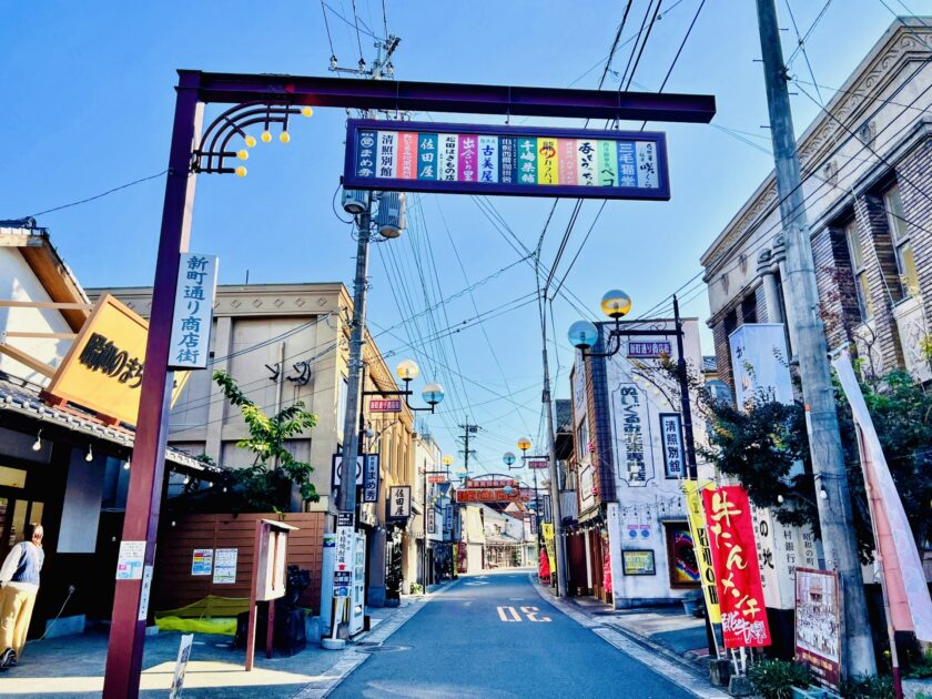 Colorful vintage shop signs on Shinmachi-dori street in Showa no Machi