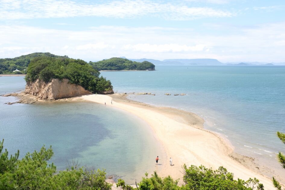 Angel Road sandbar connecting Shodoshima to small islands during low tide