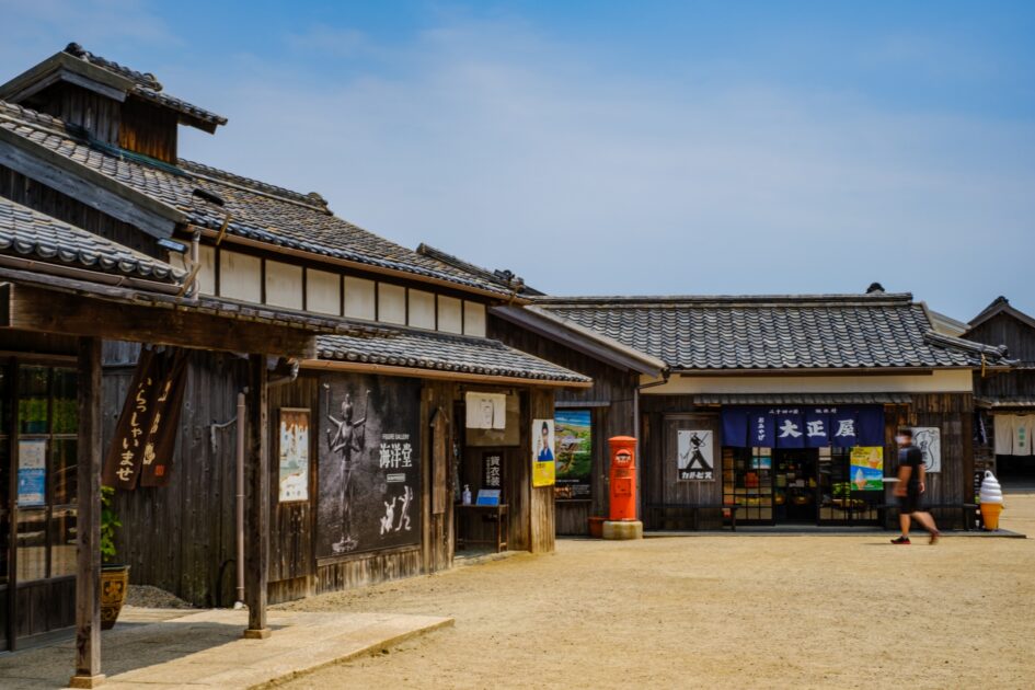 Wooden schoolhouse at Twenty-Four Eyes Movie Village overlooking the Seto Inland Sea