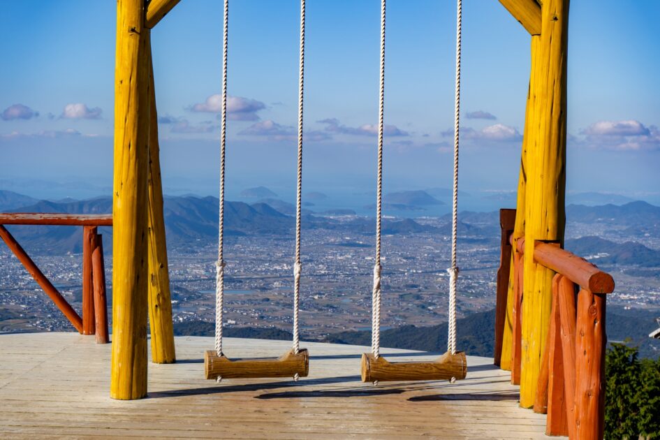 Sky Swing at Unpenji Temple with panoramic view of Sanuki Plain and Seto Inland Sea