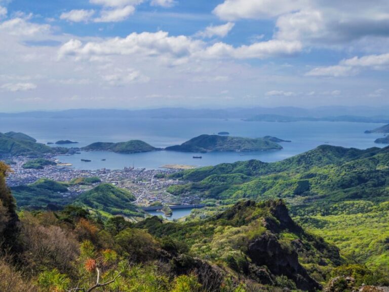 Aerial view of Shodoshima Island showing terraced rice fields, mountains, and the Seto Inland Sea