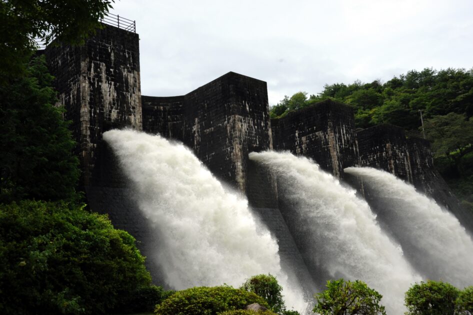 Honen-ike Dam with five stone arches resembling medieval European castle architecture