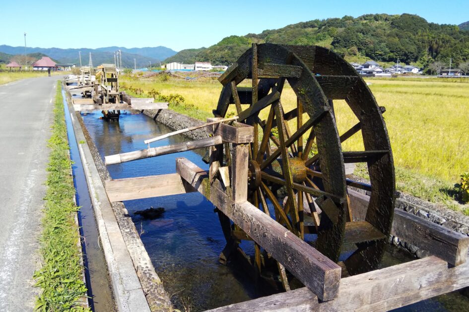 Traditional wooden water wheels at Yasunami Suisha no Sato in Shimanto