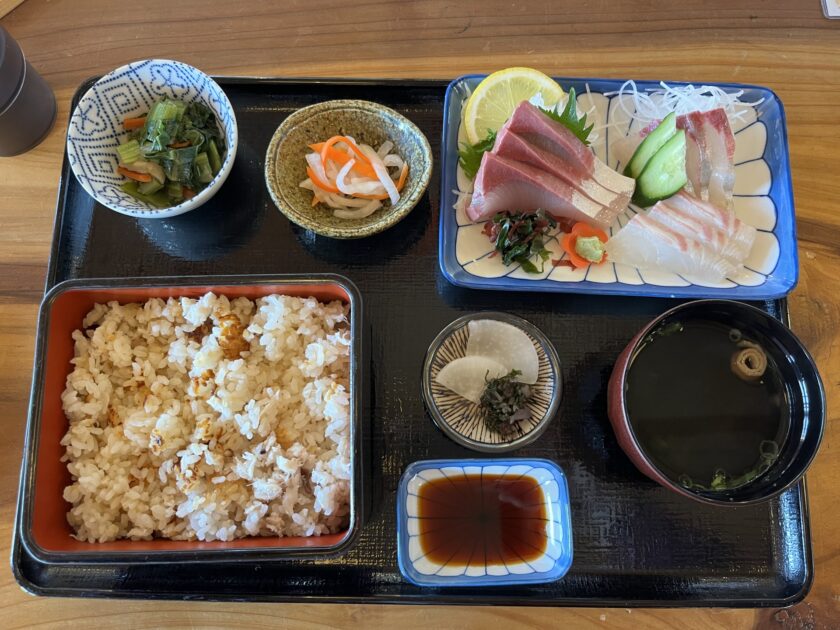 Tai-meshi set meal featuring sea bream rice, a signature dish of the Imabari and Shimanami area